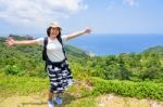 Women Tourist On Viewpoint At Koh Tao Stock Photo