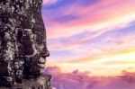 Ancient Stone Faces At Sunset Of Bayon Temple, Angkor Wat, Siam Reap, Cambodia Stock Photo