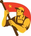 Communist Worker With Red Flag Star Retro Stock Photo