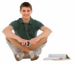 Teenage Student Listening Music Stock Photo