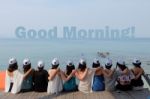 Women Friends Sit Hug Together Look Good Morning! Blue Sea Sky Stock Photo