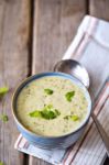 Bowl Of Broccoli And Cheddar Cheese Soup Stock Photo