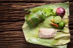 Nham Sour Pork In Banana Leaves Thai Food Stock Photo