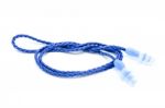 Blue Earplugs With A String On White Background Stock Photo