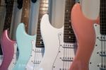 Electric Guitars On Display In A Music Shop Stock Photo