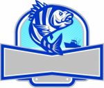 Sheepshead Fish Jumping Fishing Boat Banner Retro Stock Photo