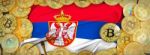 Bitcoins Gold Around Serbia  Flag And Pickaxe On The Left.3d Ill Stock Photo