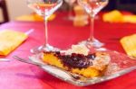 Slice Of Italian Tart Crostata With Cherries Served On Glass Pla Stock Photo