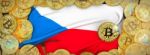 Bitcoins Gold Around Czech  Flag And Pickaxe On The Left.3d Illu Stock Photo