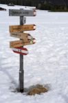 Signpost On The Alp In Rinderplatz Pasture In South Tyrol Italy Stock Photo