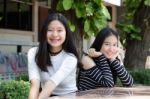 Two Asia Thai Teen Best Friends Girls Smile And Funny Stock Photo