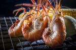 Shrimp ,prawns Grilled On Barbecue Stove With Corn Behind Stock Photo