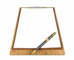 Wooden Clipboard With Blank Papers And Ballpoint Pen With Copy Space For Mock Up Isolated On White Background Stock Photo