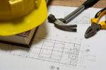 Construction Plan With Tools Stock Photo