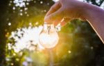 And Holding A Light Bulb With Sunset Power Concept Stock Photo