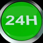 Twenty Four Hours Button Shows Open 24 Hours Stock Photo