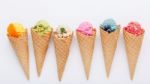 Various Of Ice Cream Flavor In Cones Blueberry ,strawberry ,pist Stock Photo