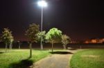 Night Public Park In The City With Houses Near Stock Photo