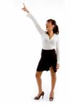 laughing Businesswoman Pointing Up Stock Photo