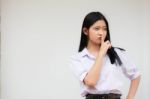 Portrait Of Thai High School Student Uniform Beautiful Girl Silently Stock Photo