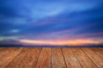 Blue Sunset Sky And Wood Floor Background Stock Photo