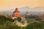 Sunrise With Old Temple And Green Lanscape, Bagan, Myanmar Stock Photo