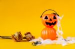 Halloween Jack O Lantern Bucket With Dried Rose Stock Photo