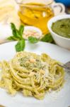 Italian Traditional Basil Pesto Pasta Ingredients Stock Photo