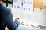 Working Process Startup. Businessman Working At The Wood Table W Stock Photo