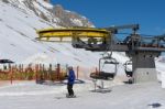 Chair Lift In The Dolomites At Pordoi Stock Photo