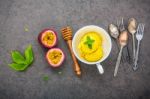 Composition Of Ice Cream Passion Fruit Flavor In Vintage Bowl Se Stock Photo