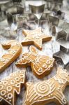 Christmas Gingerbread Cookies And Metal Cookie Cutters On White Stock Photo