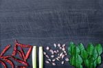 Group Of Ingredients And Condiment On Top Of The Table Stock Photo