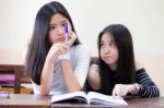 Two Asia Thai High School Student Uniform Best Friends Beautiful Girl Reading Book Stock Photo