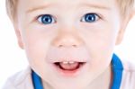 Toddler Blond And Blue Eyes Boy Child With Various Facial Expres Stock Photo