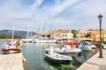 Greek Harbor With Sailing Boats In Fiskardo Stock Photo