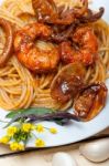 Italian Seafood Spaghetti Pasta On Red Tomato Sauce Stock Photo