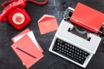 Vintage Red Office On Wooden Background Stock Photo