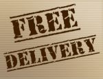 Free Delivery Indicates With Our Compliments And Courier Stock Photo