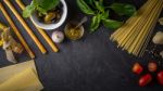 Set Of Italian Food On The Black Stone Table Wide Screen Stock Photo