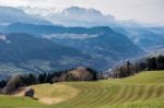 View Towards The Dolomites From Above Villanders Stock Photo