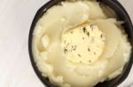 Mashed Potato With Butter Herb Thyme Rosemary Closeup Stock Photo