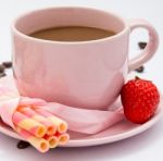 Coffee And Strawberry Represents Delicious Cracker And Biscuits Stock Photo