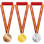 Three Medals With Gold, Silver And Bronze On Red Ribbon Stock Photo