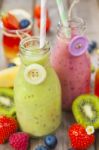 Fruit Smoothie And Jelly. Healthy Summer Treat Stock Photo