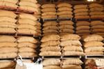 Stack Hemp Sacks Of Rice Stock Photo