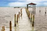 Destroyed Wooden Pier Dock And Ocean View At San Pedro Belize Ca Stock Photo