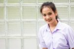 Portrait Of Thai High School Student Uniform Teen Beautiful Girl Happy And Relax, Stock Photo