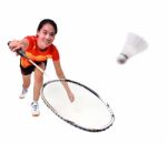 Badminton Player Isolated On White Background Stock Photo