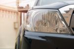 Closeup Of Car Headlight Lamp Stock Photo